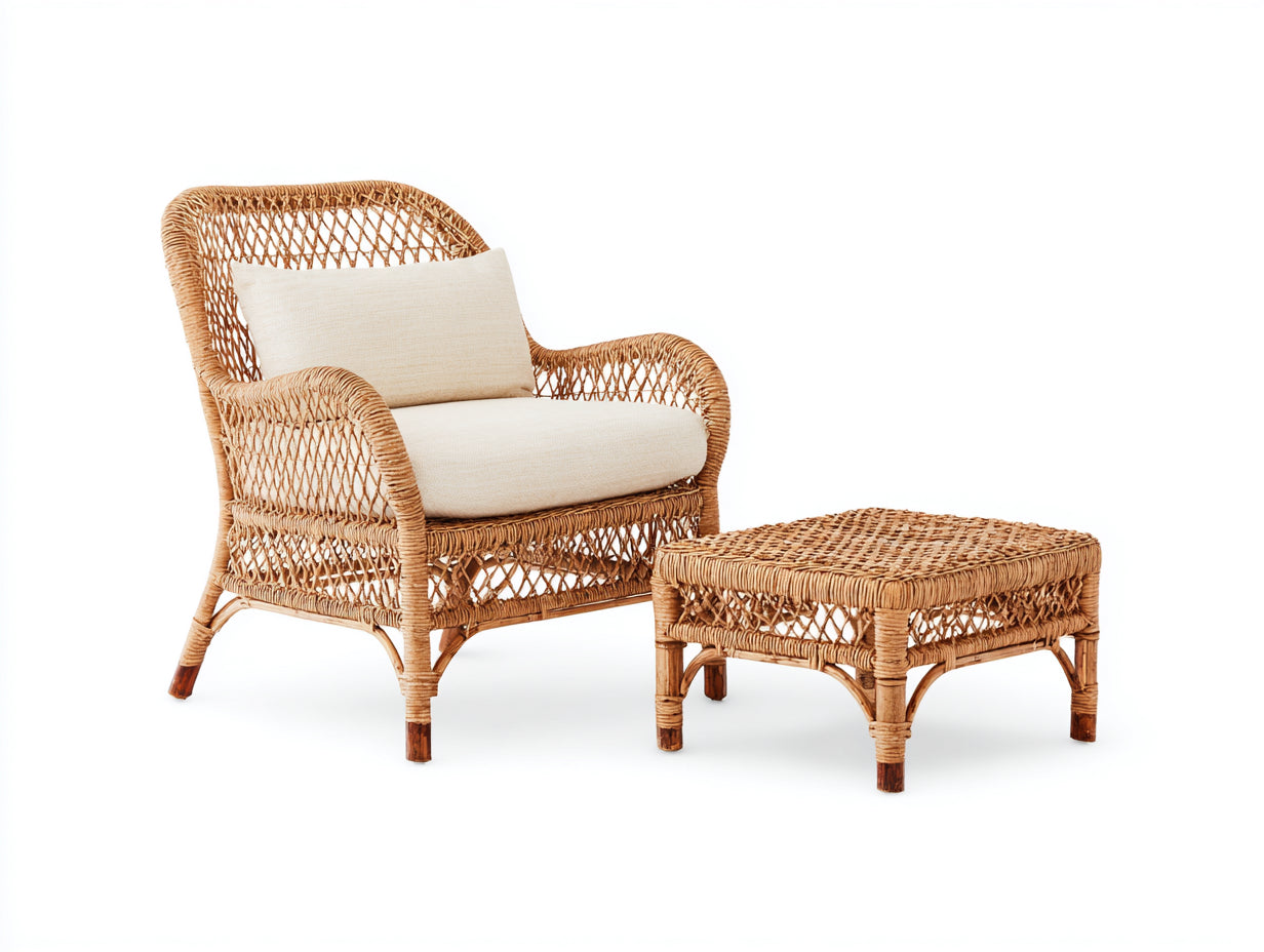 Sillones de ratán 78x85x90 cm - marrón claro - estilo bohemio con reposapiés