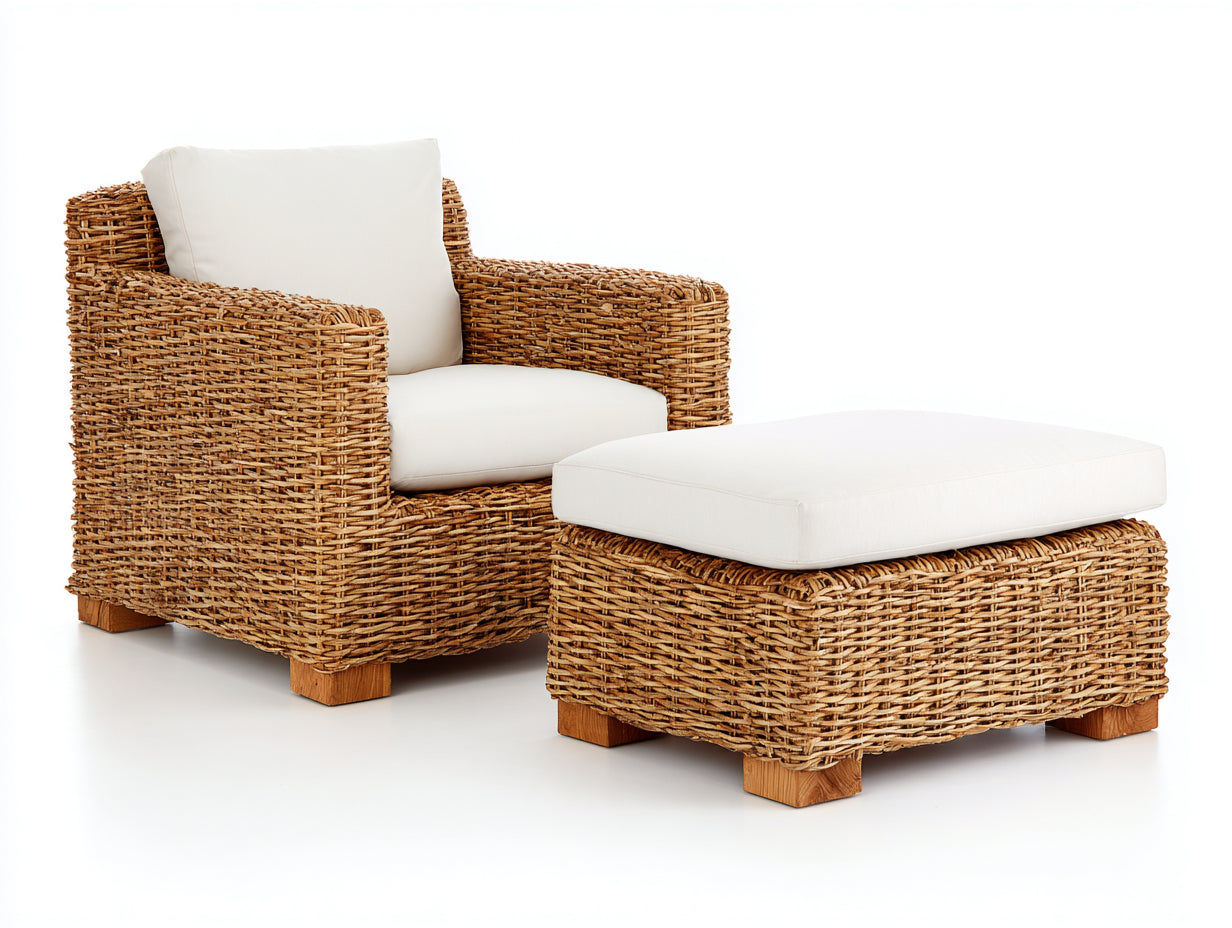Sillones de ratán 82x86x78 cm - marrón claro - estilo natural con reposapiés